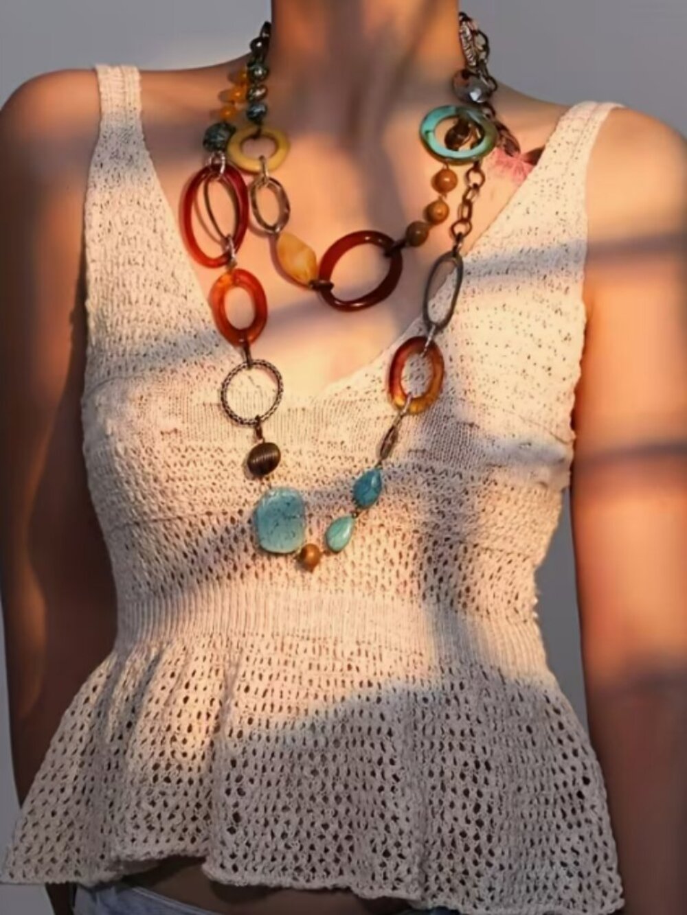 Boho Brass Acrylic Wood Stones Beaded Long Necklace - NEW - Picture 4 of 4